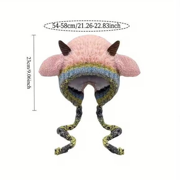 Handmade Adult Fuzzy Horned Ram Winter Pink Hat Animal Ear Fluffy Beanie - Picture 2 of 2